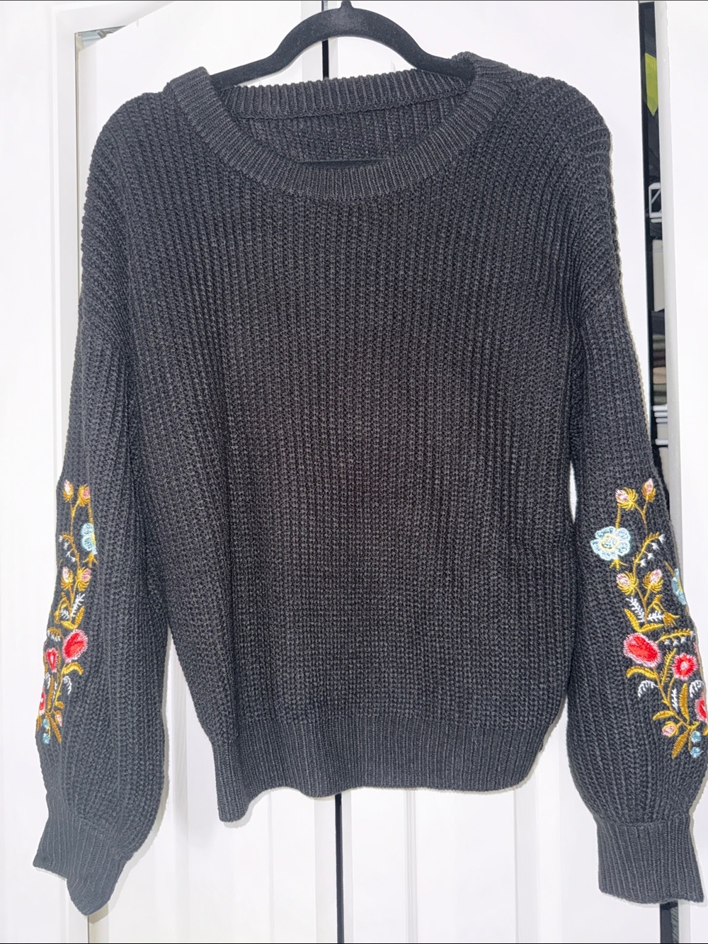 SHEIN Black Crewneck Sweater with Colorful Floral Sleeve Embroidery